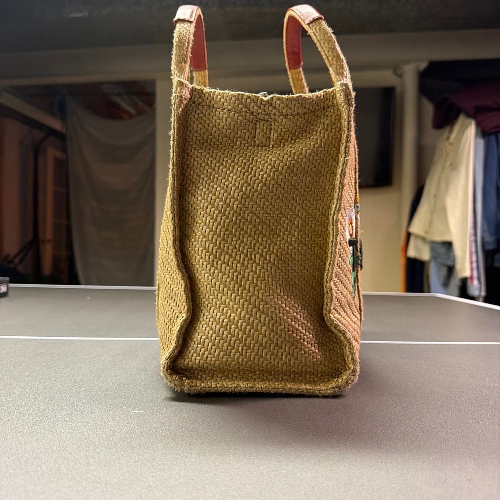 Marc Jacobs The Tote Bag Floral Embroidered Raffia Straw Small Tote Tan Red - Picture 8 of 10
